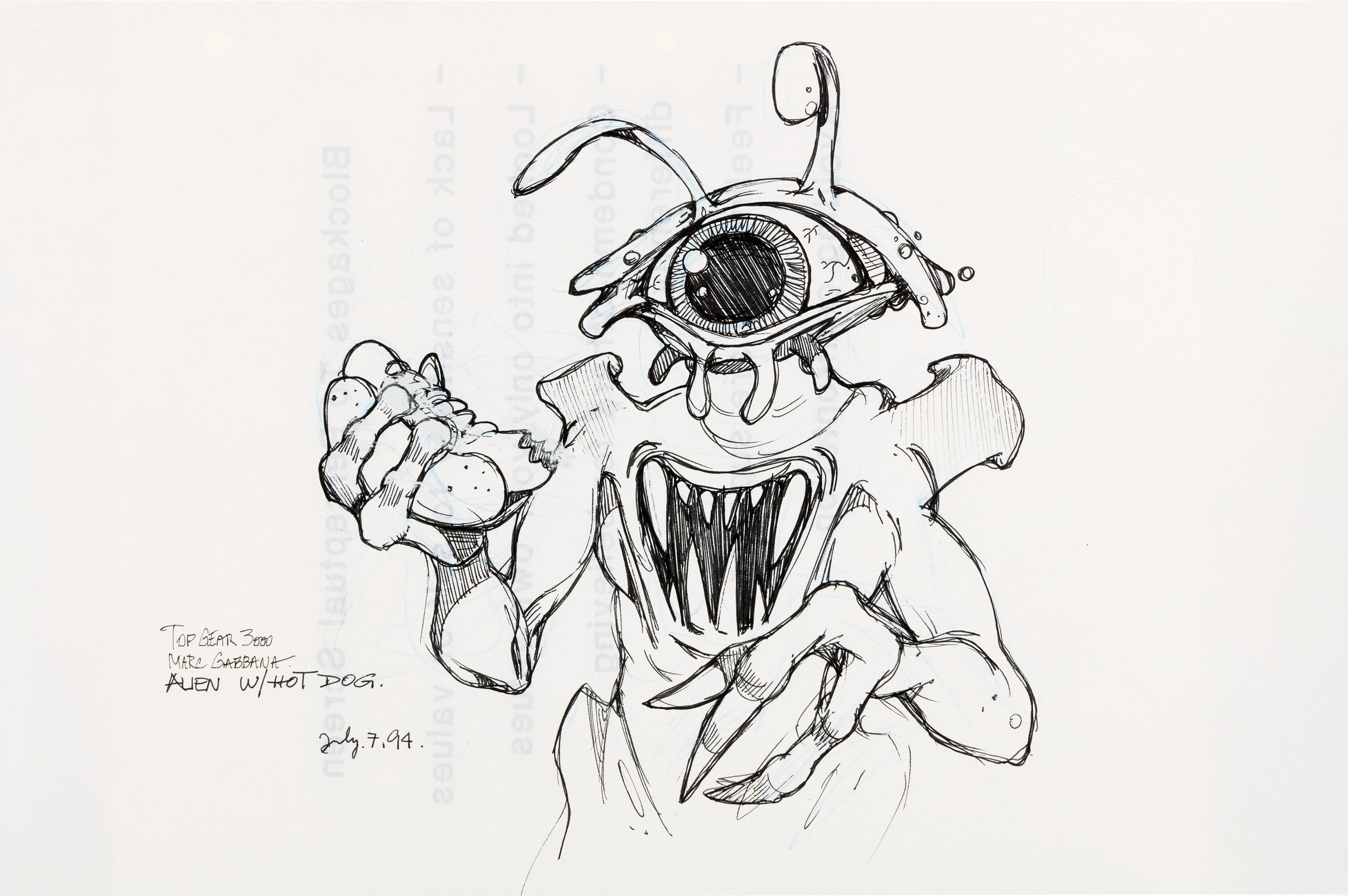 Alien com cachorro-quente · Estudo a tinta